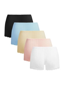 Ocili 5 piezas/paquete Bragas hipster de mujer de algodón 100% puro con tejido jacquard, cómodas, con patchwork, mini encaje y decoración de lazo - Multicolor - Ver 2