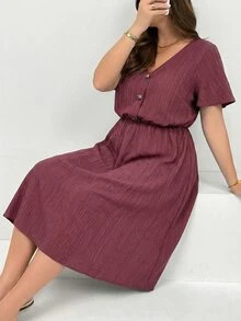 Shapeblank 大码女装春夏时尚休闲宽松舒适日常百搭显瘦纹理面料紫红色V领短袖收腰中长连衣裙，带口袋，夏季服装，度假装，简约风格 - 粉色 - 查看 6
