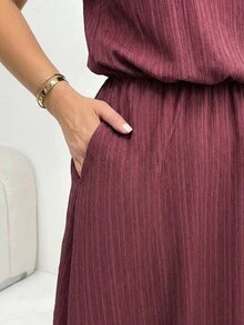 Shapeblank 大码女装春夏时尚休闲宽松舒适日常百搭显瘦纹理面料紫红色V领短袖收腰中长连衣裙，带口袋，夏季服装，度假装，简约风格 - 粉色 - 查看 5