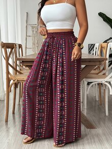 Freevana 大尺碼女款寬腿口袋長褲，夏季波西米亞度假印花長褲，優雅休閒波西米亞風，適合初秋 - 彩色 - 查看 7