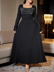 SHEIN Clasi Plus Size Women Rhinestone Embellished Casual Daily Summer Dress - Black - View 5