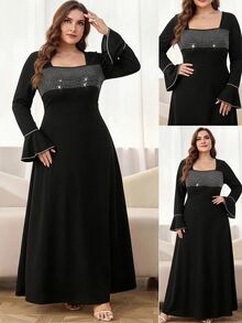 SHEIN Clasi Plus Size Women Rhinestone Embellished Casual Daily Summer Dress - Black - View 7