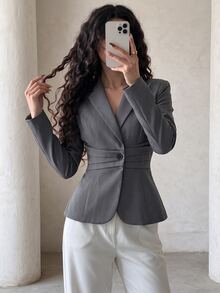 Modelyn بليزر نسائي أنيق للربيع/الخريف بخصر مشدود وياقة بزر واحد، تصميم نحيف وعملي للتنقل اليومي، متعدد الاستخدامات وعصري وأنيق للمكتب - رمادي غامق - مشاهدة 2