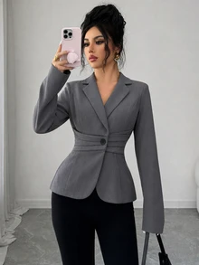 Modelyn بليزر نسائي أنيق للربيع/الخريف بخصر مشدود وياقة بزر واحد، تصميم نحيف وعملي للتنقل اليومي، متعدد الاستخدامات وعصري وأنيق للمكتب - رمادي غامق - مشاهدة 5