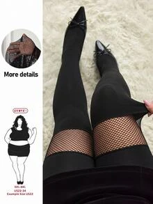SHEIN CURVE+ Legging Elastisitas Tinggi dengan Motif Jala dan Patchwork Ukuran Plus - Hitam - View 2