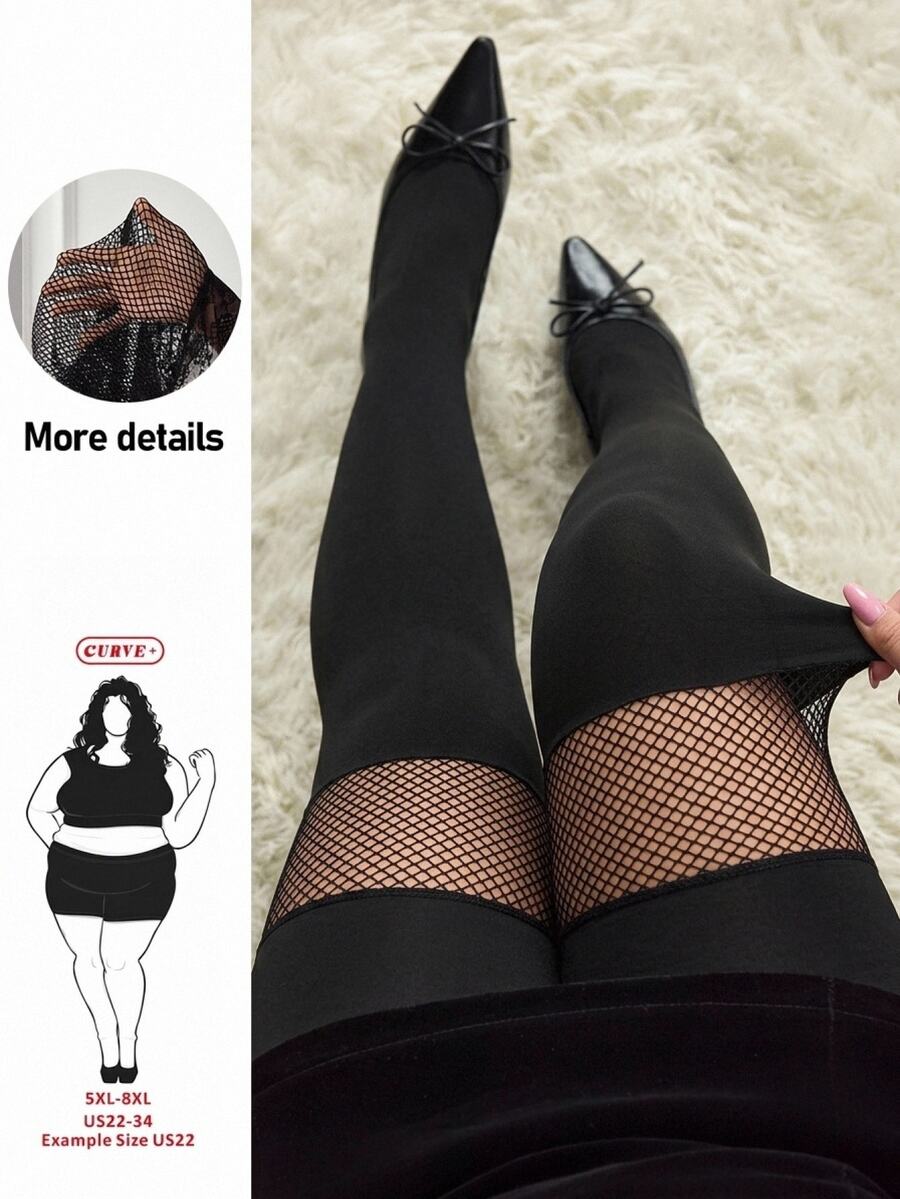 SHEIN CURVE+ Legging Elastisitas Tinggi dengan Motif Jala dan Patchwork Ukuran Plus