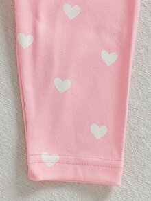 SHEIN 2件組幼兒女嬰連帽褲裝套裝，可愛甜美公主風，粉色米色熊愛心印花蝴蝶結長袖連帽衫，秋季度假慢跑親子套裝 - 粉色 - 查看 8
