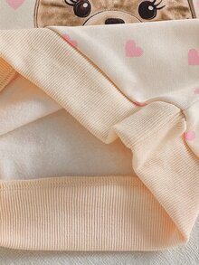 SHEIN 2件組幼兒女嬰連帽褲裝套裝，可愛甜美公主風，粉色米色熊愛心印花蝴蝶結長袖連帽衫，秋季度假慢跑親子套裝 - 粉色 - 查看 6