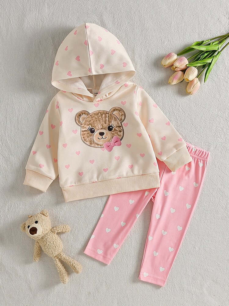 SHEIN 2pcs Toddler Baby Girl Hoodie Pants Set Cute Sweet Princess Pink Beige Bear Heart Print Bow Long Sleeve Hooded Holiday Autumn Jogging Family Matching - Pink - View 3