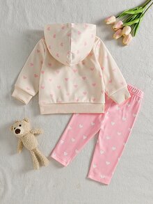 SHEIN 2件組幼兒女嬰連帽褲裝套裝，可愛甜美公主風，粉色米色熊愛心印花蝴蝶結長袖連帽衫，秋季度假慢跑親子套裝 - 粉色 - 查看 3