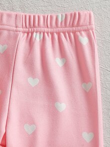 SHEIN 2件組幼兒女嬰連帽褲裝套裝，可愛甜美公主風，粉色米色熊愛心印花蝴蝶結長袖連帽衫，秋季度假慢跑親子套裝 - 粉色 - 查看 7