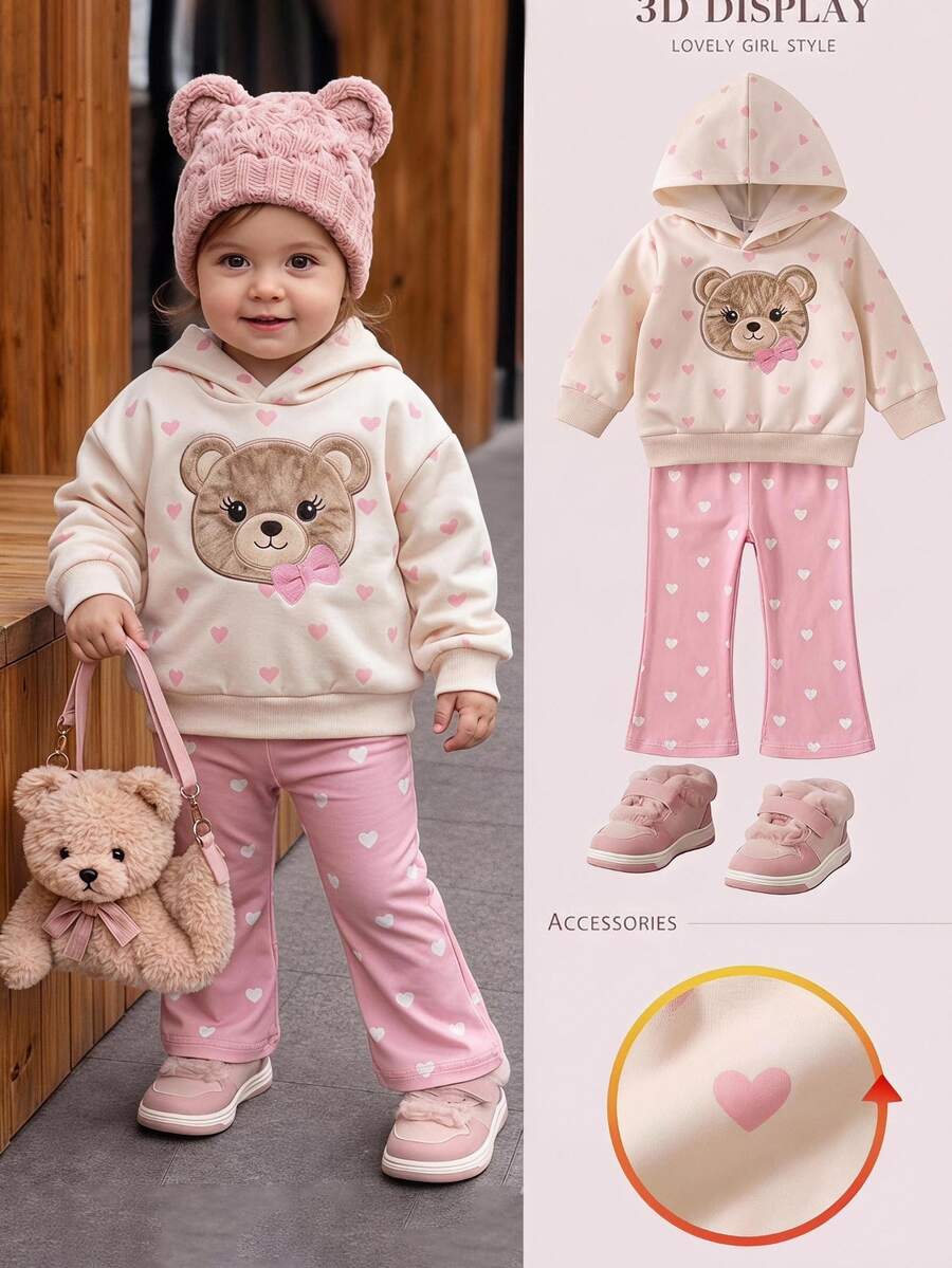 SHEIN 2件組幼兒女嬰連帽褲裝套裝，可愛甜美公主風，粉色米色熊愛心印花蝴蝶結長袖連帽衫，秋季度假慢跑親子套裝