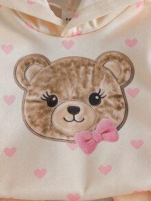 SHEIN 2件組幼兒女嬰連帽褲裝套裝，可愛甜美公主風，粉色米色熊愛心印花蝴蝶結長袖連帽衫，秋季度假慢跑親子套裝 - 粉色 - 查看 9