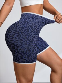 Slayform Seamless High-Waisted Tummy Control Leopard Print Colorblock Sports Shorts - Blue - View 7