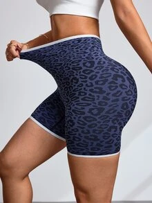 Slayform Seamless High-Waisted Tummy Control Leopard Print Colorblock Sports Shorts - Blue - View 6