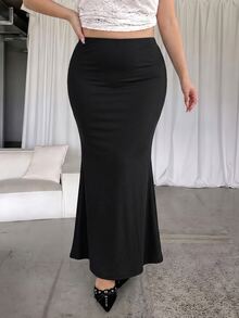 GalTyme Plus Size Women's Solid Color Casual Versatile Daily Skirt - Black - View 3