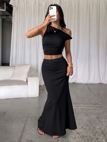 GalTyme Plus Size Women's Solid Color Casual Versatile Daily Skirt - Black - View 8