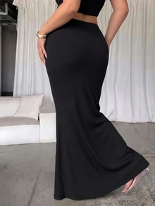 GalTyme Plus Size Women's Solid Color Casual Versatile Daily Skirt - Black - View 2