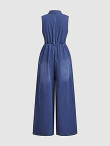 Everyssa Jumpsuit Denim Kasual Tanpa Lengan Wanita dengan Kancing Depan dan Saku, Potongan Kaki Lebar - Biru - View 5