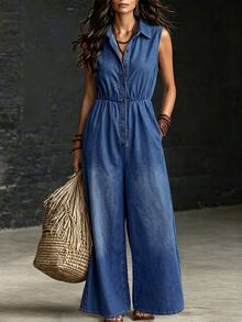 Everyssa Jumpsuit Denim Kasual Tanpa Lengan Wanita dengan Kancing Depan dan Saku, Potongan Kaki Lebar - Biru - View 3