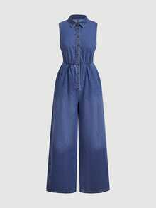 Everyssa Jumpsuit Denim Kasual Tanpa Lengan Wanita dengan Kancing Depan dan Saku, Potongan Kaki Lebar - Biru - View 4
