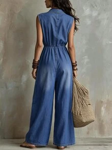 Everyssa Jumpsuit Denim Kasual Tanpa Lengan Wanita dengan Kancing Depan dan Saku, Potongan Kaki Lebar - Biru - View 2