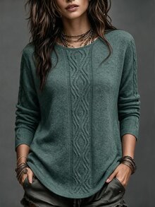 SHEIN LUNE Women's Elegant Casual Crew Neck Long Sleeve Sweater, Autumn/Winter - Army Green - View 1