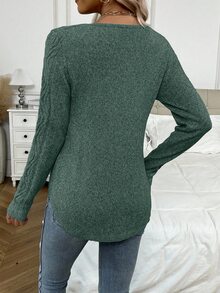 SHEIN LUNE Women's Elegant Casual Crew Neck Long Sleeve Sweater, Autumn/Winter - Army Green - View 2