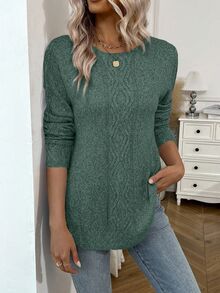 SHEIN LUNE Women's Elegant Casual Crew Neck Long Sleeve Sweater, Autumn/Winter - Army Green - View 4