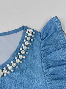Franclia Women's Ruffle Sleeve Pearl Decor Round Neck Fitted Fashion Blouse - Medium Wash - View 5