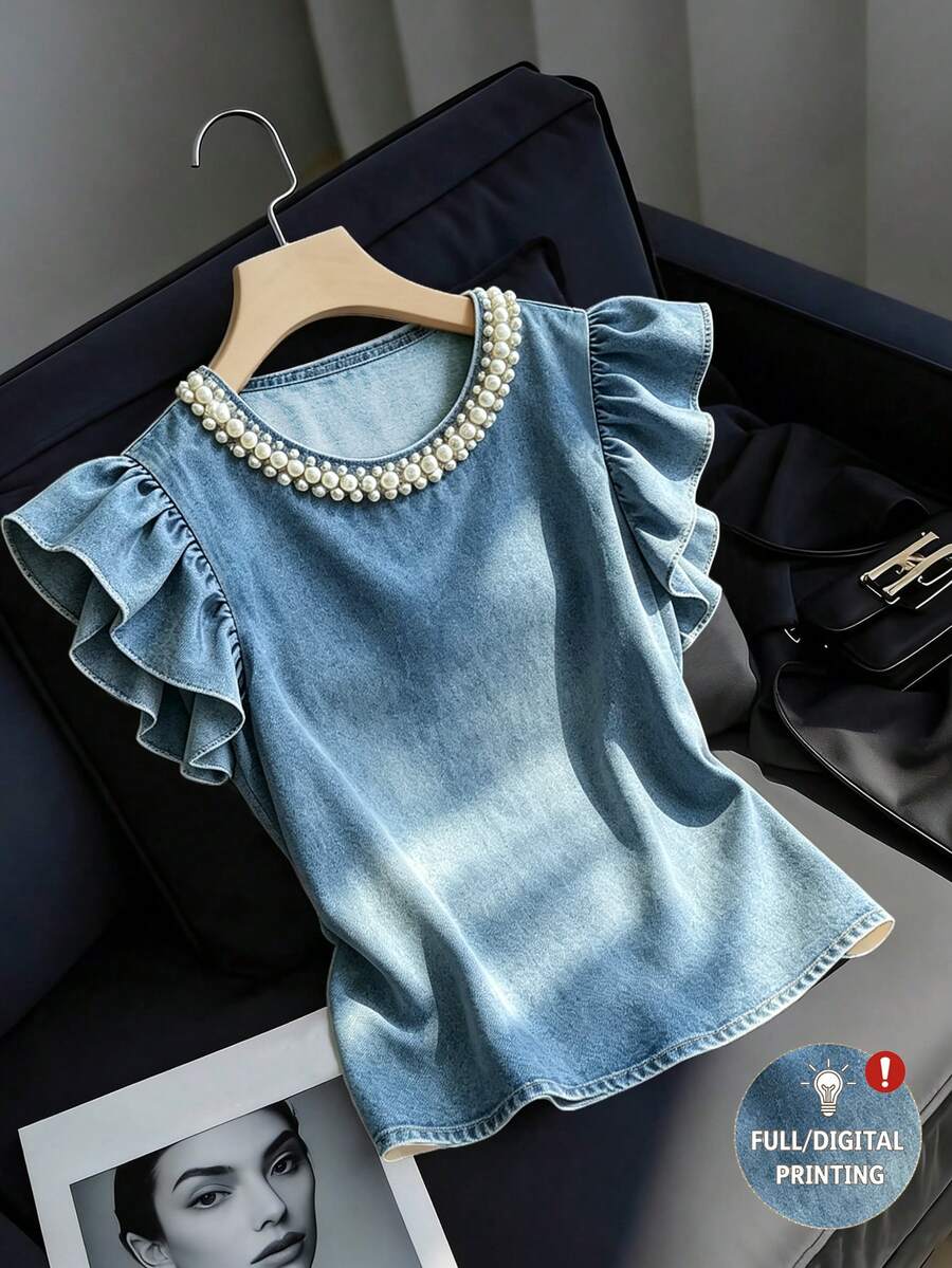 Franclia Women's Ruffle Sleeve Pearl Decor Round Neck Fitted Fashion Blouse - Medium Wash - View 1