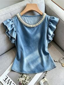 Franclia Women's Ruffle Sleeve Pearl Decor Round Neck Fitted Fashion Blouse - Medium Wash - View 4