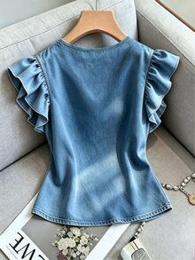 Franclia Women's Ruffle Sleeve Pearl Decor Round Neck Fitted Fashion Blouse - Medium Wash - View 2