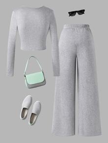 SHEIN Sparklyn (فتاة مراهقة) كنزة صوفية قصيرة بكشكشة ضيقة + بنطال طويل بساق مستقيمة مرن، طقم كاجوال متعدد الاستخدامات مناسب للتنقل اليومي والمدرسة والملابس الرياضية - رمادي - مشاهدة 3