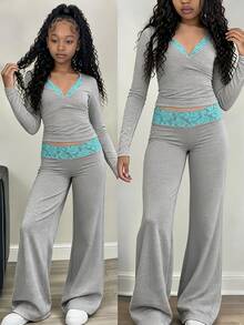 SHEIN Sparklyn (فتاة مراهقة) كنزة صوفية قصيرة بكشكشة ضيقة + بنطال طويل بساق مستقيمة مرن، طقم كاجوال متعدد الاستخدامات مناسب للتنقل اليومي والمدرسة والملابس الرياضية - رمادي - مشاهدة 1