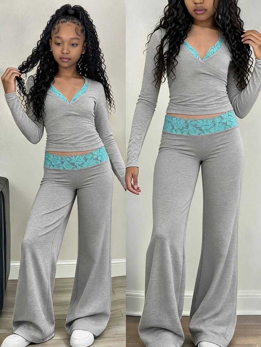 SHEIN Sparklyn (فتاة مراهقة) كنزة صوفية قصيرة بكشكشة ضيقة + بنطال طويل بساق مستقيمة مرن، طقم كاجوال متعدد الاستخدامات مناسب للتنقل اليومي والمدرسة والملابس الرياضية - رمادي - مشاهدة 1