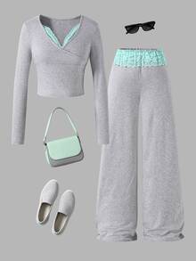 SHEIN Sparklyn (فتاة مراهقة) كنزة صوفية قصيرة بكشكشة ضيقة + بنطال طويل بساق مستقيمة مرن، طقم كاجوال متعدد الاستخدامات مناسب للتنقل اليومي والمدرسة والملابس الرياضية - رمادي - مشاهدة 2