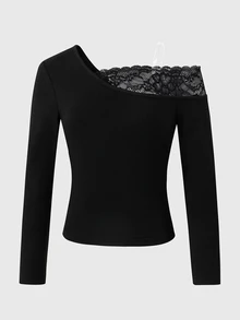 SHEIN Sparklyn Tween Girls Elegant Asymmetric Cold Shoulder Lace Patchwork Fitted T-Shirt, Girls Daily Versatile Solid Color Long Sleeve Top - Black - View 3