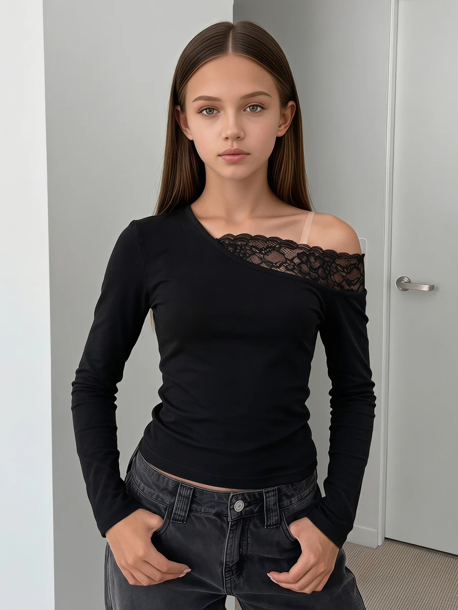 SHEIN Sparklyn Tween Girls Elegant Asymmetric Cold Shoulder Lace Patchwork Fitted T-Shirt, Girls Daily Versatile Solid Color Long Sleeve Top - Black - View 1
