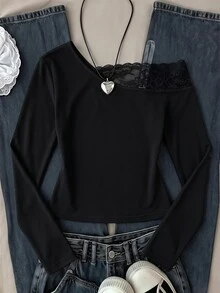 SHEIN Sparklyn Tween Girls Elegant Asymmetric Cold Shoulder Lace Patchwork Fitted T-Shirt, Girls Daily Versatile Solid Color Long Sleeve Top - Black - View 2