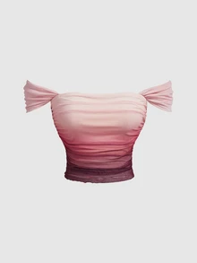SHEIN MOD Women's Pink Gradient Mesh Shoulder Top And Asymmetrical Hem Skirt Fashion 2 Pieces Set - Multicolor - View 8
