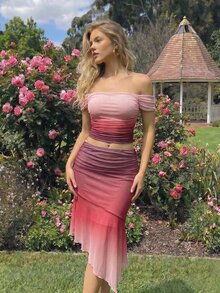 SHEIN MOD Women's Pink Gradient Mesh Shoulder Top And Asymmetrical Hem Skirt Fashion 2 Pieces Set - Multicolor - View 1