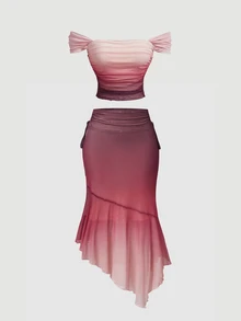 SHEIN MOD Women's Pink Gradient Mesh Shoulder Top And Asymmetrical Hem Skirt Fashion 2 Pieces Set - Multicolor - View 3