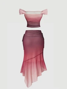 SHEIN MOD Women's Pink Gradient Mesh Shoulder Top And Asymmetrical Hem Skirt Fashion 2 Pieces Set - Multicolor - View 4