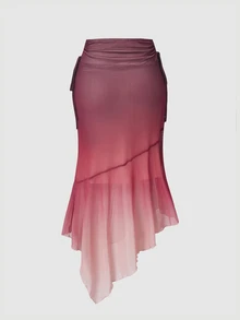 SHEIN MOD Women's Pink Gradient Mesh Shoulder Top And Asymmetrical Hem Skirt Fashion 2 Pieces Set - Multicolor - View 10