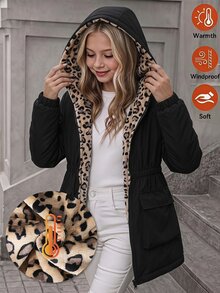 SHEIN 女童中長款休閒梭織連帽抓絨內裡派克夾克，黑色外層布料搭配豹紋抓絨帽內裡，彈性收腰，前開全拉鍊，大側貼袋，落肩長袖，腰部寬鬆版型，休閒工裝風，秋冬款 - 黑色 - 查看 2