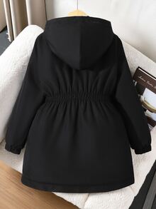 SHEIN 女童中長款休閒梭織連帽抓絨內裡派克夾克，黑色外層布料搭配豹紋抓絨帽內裡，彈性收腰，前開全拉鍊，大側貼袋，落肩長袖，腰部寬鬆版型，休閒工裝風，秋冬款 - 黑色 - 查看 4