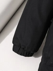 SHEIN 女童中長款休閒梭織連帽抓絨內裡派克夾克，黑色外層布料搭配豹紋抓絨帽內裡，彈性收腰，前開全拉鍊，大側貼袋，落肩長袖，腰部寬鬆版型，休閒工裝風，秋冬款 - 黑色 - 查看 9