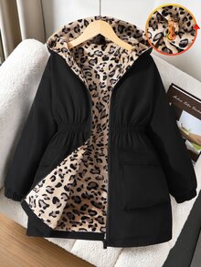 SHEIN 女童中長款休閒梭織連帽抓絨內裡派克夾克，黑色外層布料搭配豹紋抓絨帽內裡，彈性收腰，前開全拉鍊，大側貼袋，落肩長袖，腰部寬鬆版型，休閒工裝風，秋冬款 - 黑色 - 查看 3