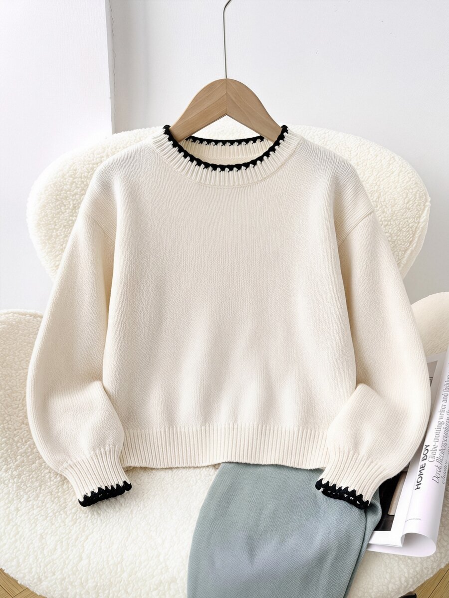 SHEIN Tween Girls Contrast Trim Round Neck Long Sleeve Casual Versatile Knitted Top Fall Sweater - Apricot - View 1